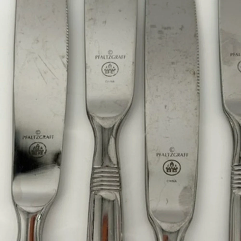 Pfaltzgraff Kenilworth Stainless Steel Dinner Knives Ribbed Neck Set of 6 Silver